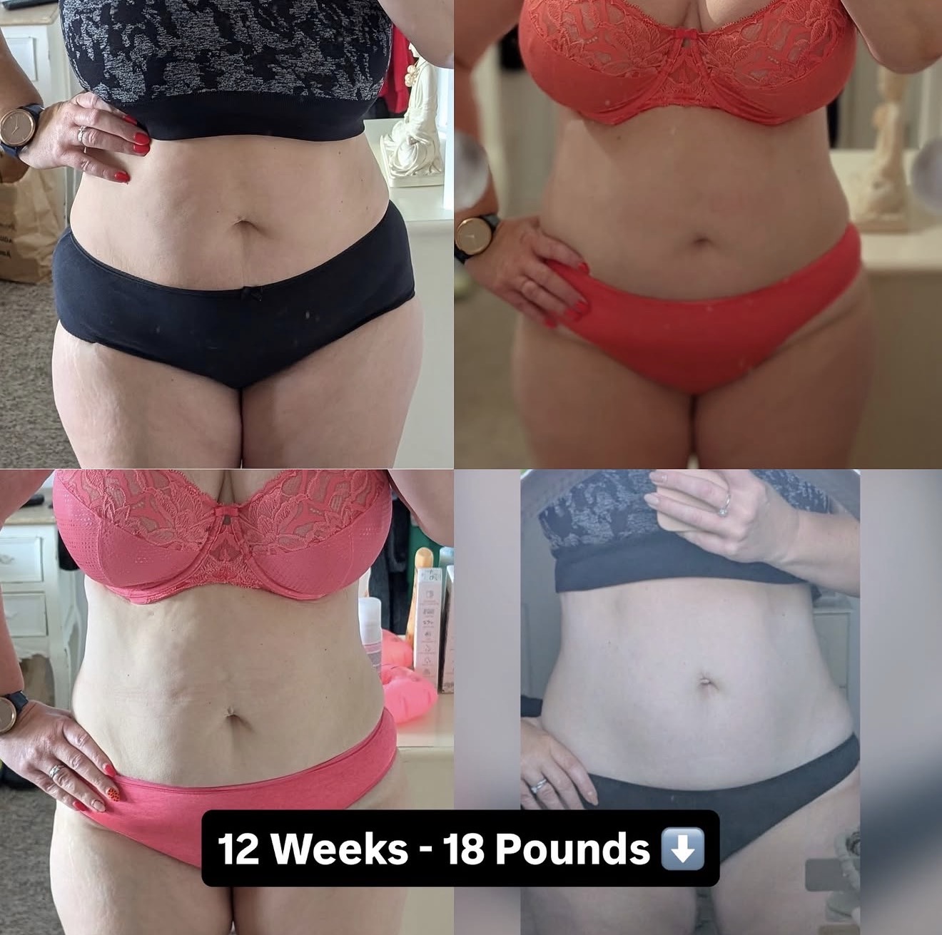 Client progress collage showing her 12-week transformation and 18-pound weight loss