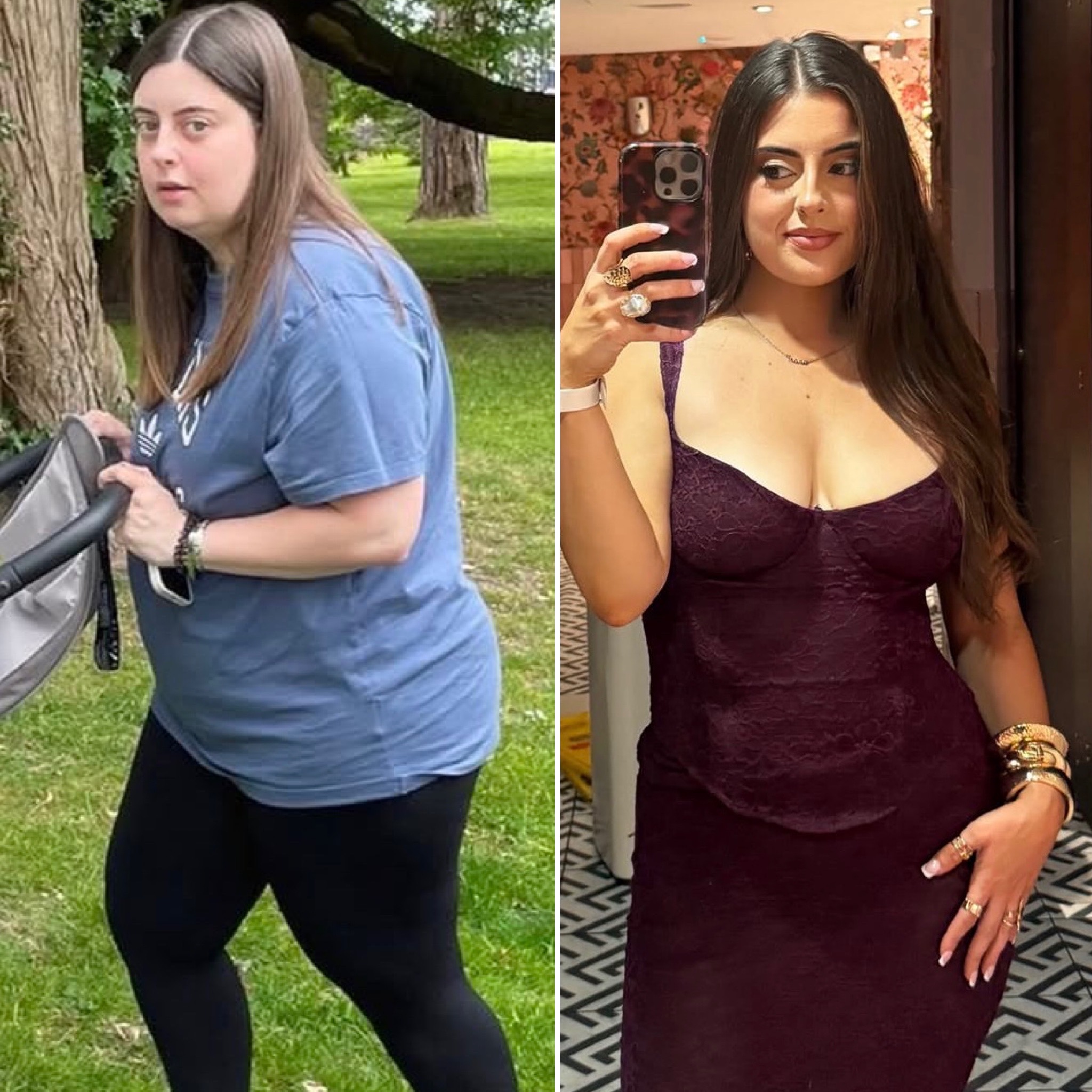 A client’s before and after photos, outdoors and dressed for an evening out